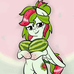 Size: 849x849 | Tagged: suggestive, artist:sjart117, derpibooru import, oc, oc:watermelana, unofficial characters only, pegasus, pony, animated, bedroom eyes, bipedal, eye shimmer, female, food, freckles, gif, gradient hooves, heart eyes, implied breasts, lip bite, looking at you, mare, melon, watermelon, wingding eyes, wings