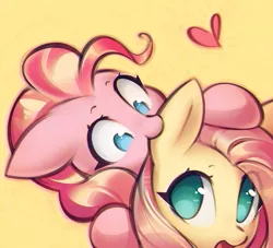 Size: 1220x1109 | Tagged: safe, artist:mirroredsea, derpibooru import, fluttershy, pinkie pie, earth pony, pegasus, pony, biting, cute, diapinkes, ear bite, female, floating heart, flutterpie, heart, lesbian, looking up, mare, nom, open mouth, shipping, shyabetes, simple background, smiling, surprised, wide eyes, yellow background