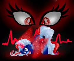 Size: 1024x849 | Tagged: safe, artist:daringashia, derpibooru import, trixie, oc, oc:burning passion, oc:nightmarish illusion, alicorn, pony, unicorn, alicornified, black background, corrupted, crying, ethereal wings, eye, eyes, face down ass up, floppy ears, glowing horn, gritted teeth, head in hooves, horn, nightmare trixie, nightmarified, one eye closed, race swap, simple background, slit pupils, striped mane, trixiecorn, unwilling, wings