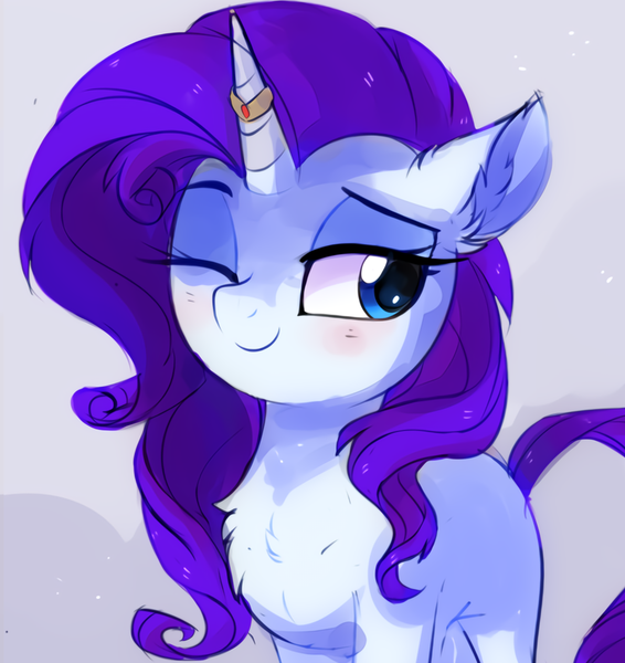 Size: 827x877 | Tagged: safe, artist:aureai, derpibooru import, rarity, pony, unicorn, blank flank, blushing, bust, chest fluff, cute, ear fluff, female, floppy ears, fluffy, happy, horn, horn ring, jewelry, looking at something, mare, one eye closed, raribetes, ring, smiling, solo