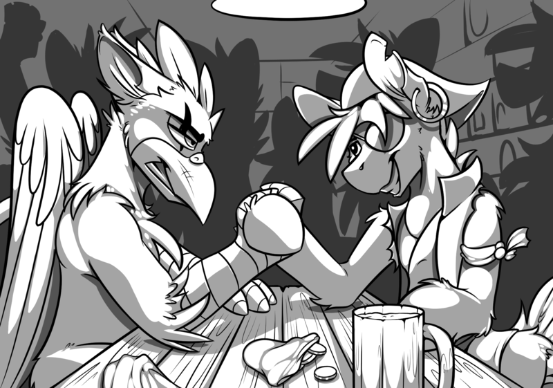 Size: 2000x1403 | Tagged: safe, artist:ralek, derpibooru import, oc, unofficial characters only, gryphon, pony, buck legacy, alcohol, arm wrestling, bandage, beer, card art, clothes, coin, ear piercing, earring, eye scar, eyepatch, gritted teeth, jewelry, piercing, pirate, scar, wings