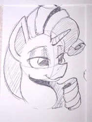 Size: 723x959 | Tagged: safe, artist:post-it, derpibooru import, rarity, pony, unicorn, bust, female, ink drawing, mare, monochrome, simple background, sketch, smiling, solo, traditional art, white background