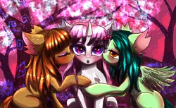 Size: 4096x2500 | Tagged: safe, artist:cali luminos, derpibooru import, oc, oc:aine, oc:kaway, oc:lenna, oc:natiilumi, earth pony, pegasus, pony, unicorn, blushing, cute, eyes closed, female, mare, signature, tree