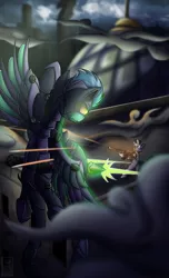 Size: 1700x2800 | Tagged: safe, artist:elmutanto, derpibooru import, oc, unofficial characters only, pegasus, pony, zebra, fallout equestria, 2018, armor, battle saddle, enclave armor, energy weapon, fanfic art, firing, flying, grand pegasus enclave, gun, magical energy weapon, metal, open mouth, power armor, weapon, zebra oc