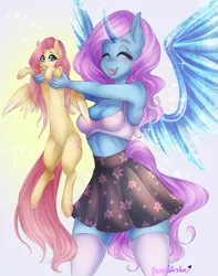 Size: 1153x1460 | Tagged: safe, artist:bunnywhiskerz, derpibooru import, fluttershy, oc, oc:queen crystalline, alicorn, anthro, pegasus, pony, alicorn oc, anthro oc, anthro with ponies, armpits, bra, breasts, cleavage, clothes, colored hooves, cute, duo, eyes closed, female, holding a pony, horn, mare, miniskirt, open mouth, patreon, patreon reward, skirt, socks, thigh highs, underwear, white underwear, wings