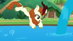 Size: 1920x1080 | Tagged: autumn blaze, awwtumn blaze, cute, derpibooru import, diving, female, jumping, kirin, kirinbetes, leg fluff, open mouth, safe, screencap, smiling, solo, sounds of silence