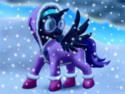 Size: 4000x3000 | Tagged: safe, artist:vasillium, derpibooru import, oc, oc:nyx, unofficial characters only, alicorn, pony, alicorn oc, boots, clothes, cloud, cloudy, coveralls, cutie mark, cutie mark clothes, day, female, filly, glasses, happy, headband, horn, mare, open mouth, outdoors, shoes, sky, snow, snow boots, solo, spread wings, wings