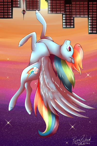 Size: 1280x1920 | Tagged: safe, artist:mapleicious, artist:mapleiciousmlp, derpibooru import, rainbow dash, pegasus, pony, city, cityscape, cutie mark, female, flying, mare, smiling, solo, stars, twilight (astronomy), upside down, windswept mane