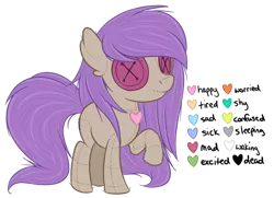 Size: 600x434 | Tagged: safe, artist:sinamuna, derpibooru import, oc, oc:mumble fluff, unofficial characters only, original species, plush pony, pony, au:equuis, ambiguous gender, base used, brown fur, button eyes, color key, colt, female, filly, heart, male, moods, plushie, purple hair, redesign, sentient plushie, solo, stitches, updated design, young