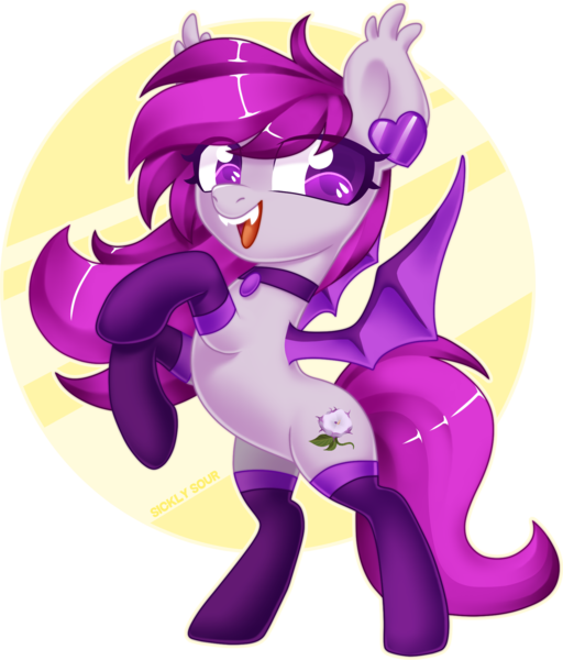 Size: 1664x1949 | Tagged: safe, artist:sickly-sour, derpibooru import, oc, oc:violet moonflower, unofficial characters only, bat pony, pony, bat pony oc, bat wings, choker, clothes, fangs, flower, jewelry, necklace, pink eyes, pink hair, pink mane, rearing, simple background, smiling, socks, solo, transparent background, wings