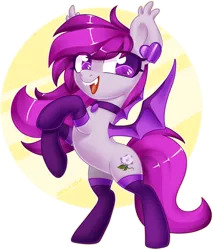 Size: 1664x1949 | Tagged: safe, artist:sickly-sour, derpibooru import, oc, oc:violet moonflower, unofficial characters only, bat pony, pony, bat pony oc, bat wings, choker, clothes, fangs, flower, jewelry, necklace, pink eyes, pink hair, pink mane, rearing, simple background, smiling, socks, solo, transparent background, wings