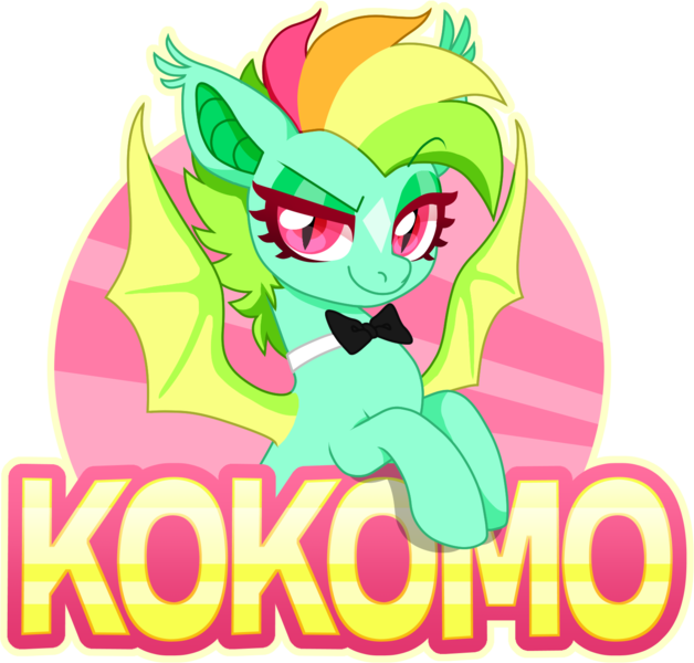 Size: 1484x1418 | Tagged: safe, artist:sickly-sour, derpibooru import, oc, oc:kokomo, unofficial characters only, bat pony, pony, bat pony oc, bat wings, bowtie, pink eyes, raised eyebrow, simple background, slit eyes, smiling, transparent background, wings