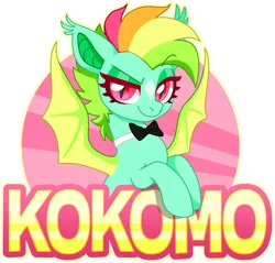 Size: 1484x1418 | Tagged: safe, artist:sickly-sour, derpibooru import, oc, oc:kokomo, unofficial characters only, bat pony, pony, bat pony oc, bat wings, bowtie, pink eyes, raised eyebrow, simple background, slit eyes, smiling, transparent background, wings