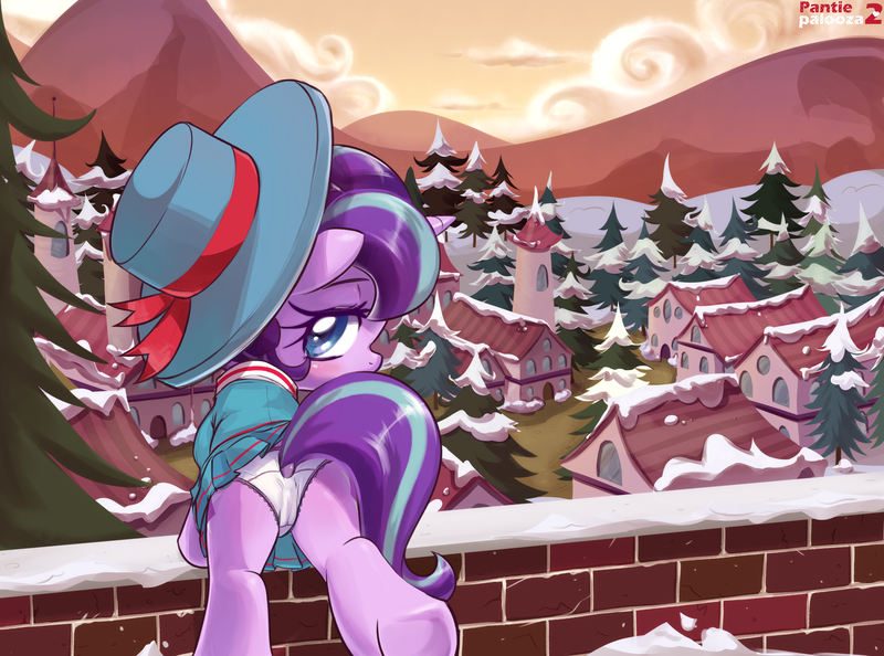 Size: 2625x1950 | Tagged: questionable, artist:pestil, derpibooru import, snowfall frost, starlight glimmer, pony, unicorn, art pack:pantiepalooza2, cameltoe, clothes, female, filly, filly starlight glimmer, foalcon, panties, panty shot, ponyville, skirt, snow, tail upskirt, underhoof, underwear, upskirt, white underwear, younger