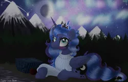 Size: 3500x2250 | Tagged: safe, artist:darkest-lunar-flower, derpibooru import, princess luna, alicorn, pony, apple, basket, blushing, clothes, commission, cute, ear fluff, female, food, jewelry, lying down, mare, moon, nature, night, regalia, smiling, sweater