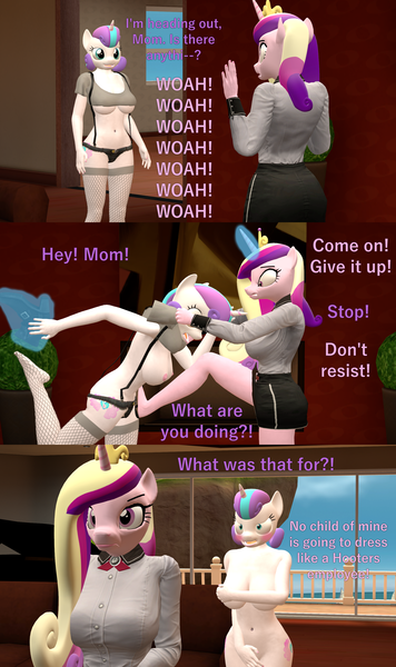 Size: 1920x3240 | Tagged: questionable, artist:papadragon69, derpibooru import, princess cadance, princess flurry heart, anthro, 3d, angry, assisted exposure, big breasts, braless, breasts, busty flurry heart, clothed female nude female, clothes, covering, embarrassed, embarrassed nude exposure, female, forced, image, mother and child, mother and daughter, naked flurry heart, nipples, nudity, older, older flurry heart, parent, parody, png, pulling, punishment, skimpy outfit, source filmmaker
