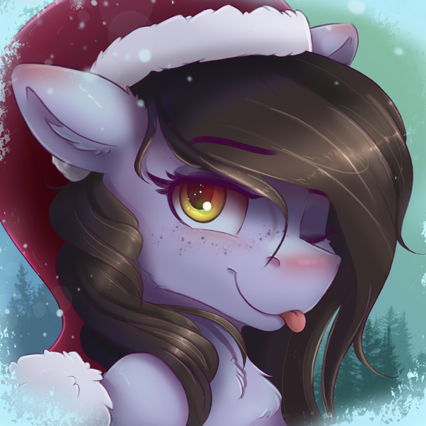 Size: 1800x1800 | Tagged: safe, artist:ardail, derpibooru import, oc, oc:tail, unofficial characters only, pegasus, pony, christmas, female, freckles, hat, holiday, icon, looking at you, mare, one eye closed, santa hat, snow, snowfall, solo, tongue out, tree, wink