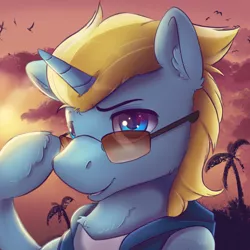 Size: 1800x1800 | Tagged: safe, artist:ardail, derpibooru import, oc, oc:skybolt, pony, unicorn, clothes, cloud, glasses, icon, male, sky, smiling, solo, stallion, tree