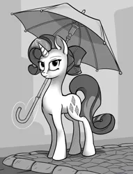 Size: 1300x1699 | Tagged: safe, artist:hc0, derpibooru import, rarity, pony, glowing horn, horn, magic, monochrome, smiling, solo, street, telekinesis, umbrella