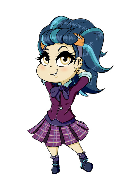 Size: 1550x2000 | Tagged: safe, artist:albertbm, derpibooru import, indigo zap, equestria girls, chibi, clothes, crystal prep academy uniform, cute, ear piercing, female, goggles, human coloration, piercing, pleated skirt, school uniform, shoes, simple background, skirt, socks, solo, white background