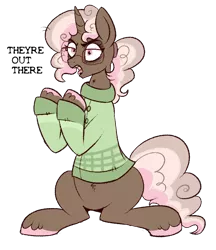 Size: 650x752 | Tagged: safe, artist:lulubell, derpibooru import, oc, oc:neighsayer, unofficial characters only, pony, unicorn, clothes, conspiracy theory, female, glasses, mare, simple background, sitting, solo, sweater, transparent background