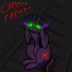 Size: 600x600 | Tagged: semi-grimdark, artist:sinsays, derpibooru import, part of a set, twilight sparkle, pony, unicorn, ask corrupted twilight sparkle, tumblr:ask corrupted twilight sparkle, bags under eyes, color change, colored horn, corrupted, corrupted twilight sparkle, crying inside, curved horn, dark, dark equestria, dark magic, dark queen, dark world, darkened coat, darkened hair, depression, female, horn, imminent death, imminent suicide, magic, part of a series, possessed, queen twilight, reference, sadness, solo, sombra empire, sombra eyes, sombra's horn, tom and jerry, tumblr, tyrant sparkle, unicorn twilight