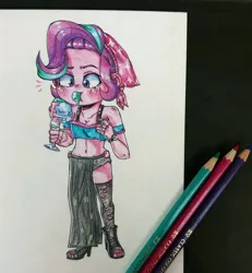 Size: 1064x1150 | Tagged: safe, artist:art-graphy14, derpibooru import, starlight glimmer, equestria girls, mirror magic, spoiler:eqg specials, beanie, breasts, cleavage, clothes, dress, female, food, hat, ice cream, messy eating, solo, traditional art