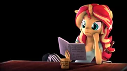 Size: 9600x5400 | Tagged: safe, artist:imafutureguitarhero, artist:tjpones, derpibooru import, sunset shimmer, anthro, unicorn, equestria girls, 3d, :i, absurd resolution, adaptation, adidas, black background, book, chair, chromatic aberration, clothes, colored eyebrows, colored eyelashes, cup, dress, droste effect, female, film grain, floppy ears, food, freckles, handwriting, horn, leaning back in chair, leaning on table, long hair, long mane, mare, mug, multicolored hair, multicolored mane, nail polish, pants, raised eyebrow, reading, recursion, recursive fanart, signature, simple background, sitting, solo, source filmmaker, table, teacup, wallpaper