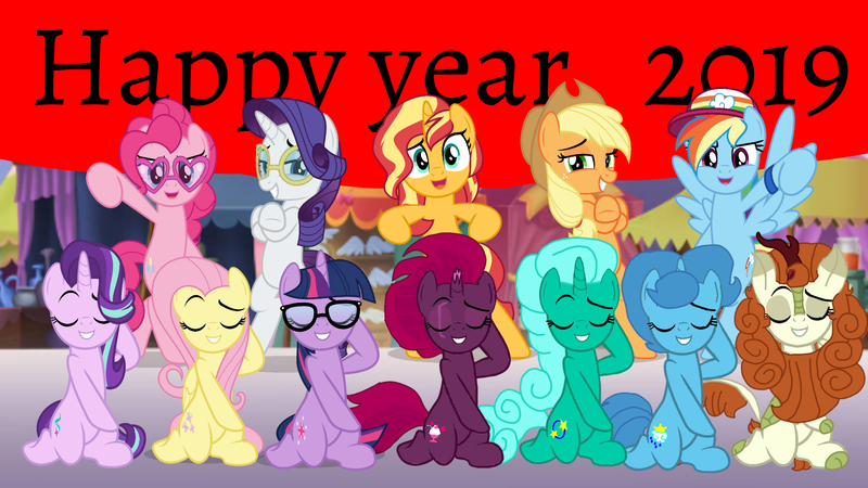 Size: 1920x1080 | Tagged: safe, artist:jhayarr23, artist:徐詩珮, derpibooru import, edit, edited edit, applejack, autumn blaze, fizzlepop berrytwist, fluttershy, glitter drops, pinkie pie, rainbow dash, rarity, sci-twi, spring rain, starlight glimmer, sunset shimmer, tempest shadow, twilight sparkle, ponified, earth pony, kirin, pegasus, pony, unicorn, equestria girls, equestria girls series, i'm on a yacht, my little pony: the movie, sounds of silence, spoiler:eqg series (season 2), applejack's hat, bipedal, cowboy hat, cute, deviantart, equestria girls ponified, eyes closed, female, glasses, happy new year, happy new year 2019, hat, holiday, humane eight, humane five, humane seven, humane six, looking at you, mare, open mouth, shimmerbetes, unicorn sci-twi