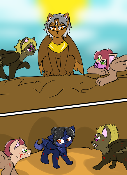 Size: 1600x2200 | Tagged: semi-grimdark, artist:jolliapplegirl, derpibooru import, oc, oc:asra, oc:desert moon, alicorn, hybrid, pony, sphinx, alicorn oc, bleeding, blood, comic, cub, cut, desert, father and child, father and daughter, female, filly, foal, horn, interspecies offspring, male, next generation, offspring, parent:oc:asra, parent:princess luna, parents:canon x oc, sphinx oc, story included, three eyes, wings