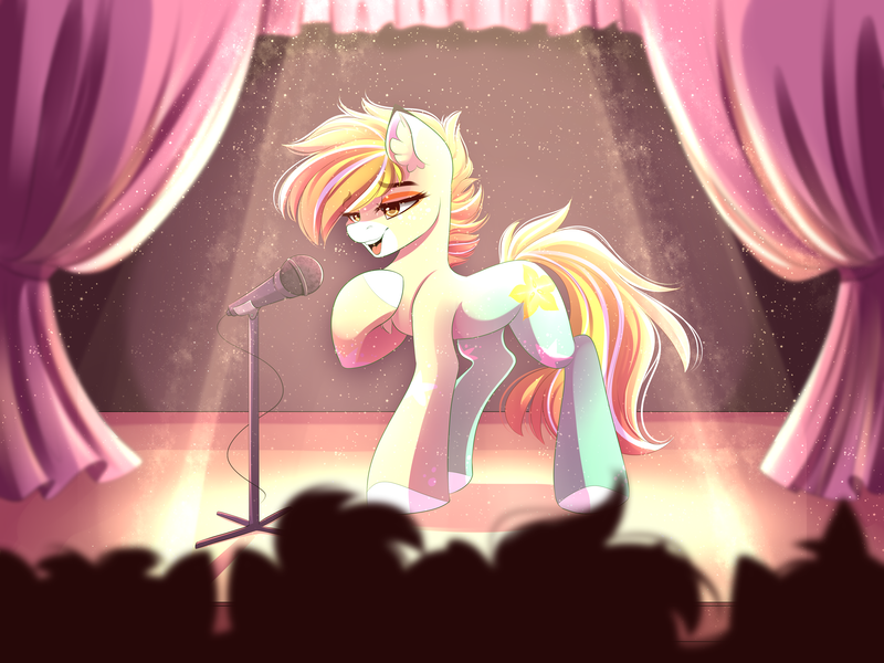 Size: 4444x3333 | Tagged: safe, artist:airiniblock, derpibooru import, oc, oc:passion fruit, unofficial characters only, earth pony, pony, audience, commission, female, mare, microphone, rcf community, silhouette, singing, smiling, stage