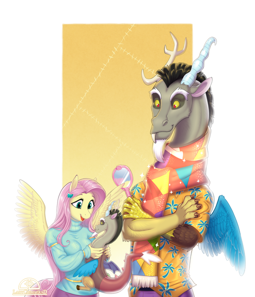 Size: 1371x1600 | Tagged: safe, artist:ladychimaera, derpibooru import, discord, fluttershy, anthro, draconequus, pegasus, unguligrade anthro, clothes, discoshy, female, male, mare, mirror, plushie, shipping, smiling, straight, sweater