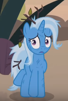 Size: 272x400 | Tagged: safe, derpibooru import, screencap, trixie, pony, road to friendship, cropped, messy mane, solo, twig