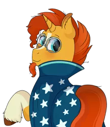 Size: 695x799 | Tagged: safe, artist:69beas, derpibooru import, sunburst, pony, unicorn, blushing, cape, clothes, colored hooves, digital art, facial hair, glasses, hoof fluff, looking back, messy mane, raised hoof, robe, simple background, smiling, socks (coat marking), stars, sunburst's robe, transparent background