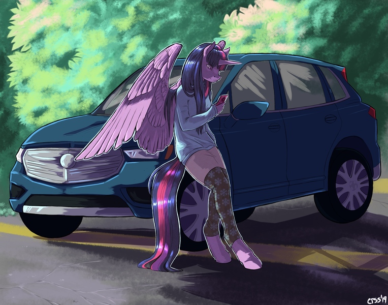 Size: 2800x2200 | Tagged: alicorn, anthro, artist:chasingthesilverstag, car, clothes, derpibooru import, female, large wings, mare, mobile phone, phone, safe, smiling, solo, twilight sparkle, twilight sparkle (alicorn), unguligrade anthro, wings