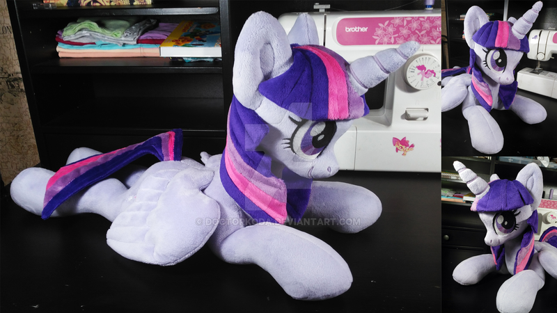 Size: 1280x720 | Tagged: safe, artist:doctorkoda, derpibooru import, twilight sparkle, twilight sparkle (alicorn), alicorn, pony, deviantart watermark, irl, obtrusive watermark, photo, plushie, prone, sewing machine, solo, watermark