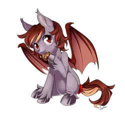 Size: 900x900 | Tagged: safe, artist:moenkin, derpibooru import, oc, oc:pepper zest, unofficial characters only, bat pony, pony, bat pony oc, bat wings, commission, cookie, eating, fangs, female, filly, food, gift art, offspring, parent:oc:savory zest, parent:oc:scarlet quill, parents:oc x oc, parents:scarlory, simple background, solo, transparent background, wings