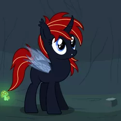 Size: 2500x2500 | Tagged: artist:pizzamovies, cave, cavern, derpibooru import, dragonfly wings, ear fluff, fangs, female, glowing mushroom, half changeling, mare, mushroom, oc, oc:scarlet, original species, rock, safe, smiling, solo, unofficial characters only, wings