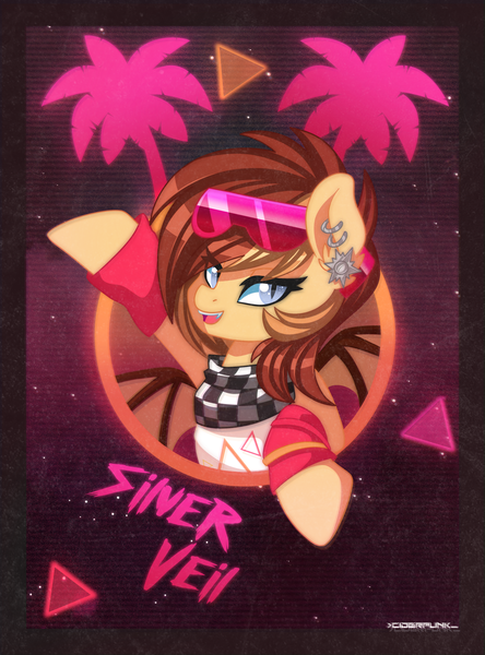 Size: 1200x1622 | Tagged: safe, artist:ciderpunk, derpibooru import, oc, oc:silver veil, unofficial characters only, bat pony, pony, 80s, bandana, bat pony oc, bat wings, clothes, ear piercing, earring, female, glasses, jewelry, looking at you, open mouth, piercing, retro, retrowave, synthwave, wings, wristband