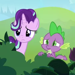 Size: 720x720 | Tagged: safe, derpibooru import, screencap, spike, starlight glimmer, dragon, pony, unicorn, a matter of principals, bush, confused, cropped, duo, eye twitch, female, frown, lidded eyes, looking at something, male, mare, sad, winged spike, worried