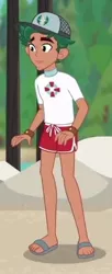 Size: 208x512 | Tagged: safe, derpibooru import, screencap, timber spruce, equestria girls, equestria girls series, turf war, cap, clothes, cropped, feet, hat, legs, lifeguard, lifeguard timber, male, sandals, shorts, solo