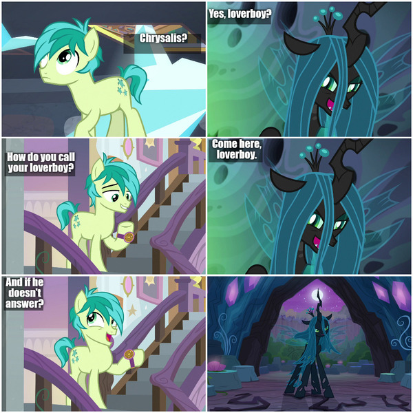 Size: 1000x1000 | Tagged: safe, derpibooru import, edit, edited screencap, screencap, queen chrysalis, sandbar, changeling, changeling queen, earth pony, pony, the mean 6, to where and back again, what lies beneath, angry, boyfriend, cave, comic, dark, darkness, dirty dancing, female, girlfriend, glare, grin, horn, lidded eyes, love, love is strange, loverboy, male, man, moon, night, open mouth, school, schoolboy, screencap comic, smiling, smirk, stairs, teenager, unamused, underhoof, walking, wat, watch, wristwatch