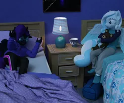 Size: 2400x2000 | Tagged: 3d, alicorn, anthro, artist:tahublade7, bed, clothes, daz studio, derpibooru import, high res, hoodie, lamp, oc, oc:nyx, oc:snowdrop, pajamas, pants, plantigrade anthro, safe, socks, teddy bear