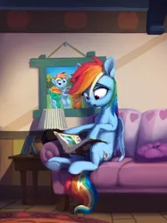 Size: 1600x2134 | Tagged: safe, artist:nadnerbd, derpibooru import, rainbow dash, pegasus, pony, fanfic, fanfic:lost time, book, colt, couch, fanfic art, female, filly, implied appledash, implied applejack, implied big macintosh, implied lesbian, implied shipping, lamp, magical lesbian spawn, male, mare, offspring, parent:applejack, parent:rainbow dash, parents:appledash, photo album, pillow, rug, sitting, solo, table, underhoof