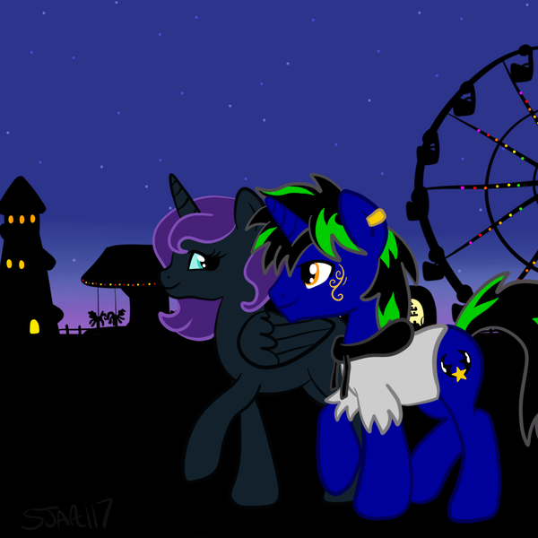 Size: 2100x2100 | Tagged: safe, artist:sjart117, derpibooru import, oc, oc:dust rock, oc:nyx, unofficial characters only, alicorn, pony, unicorn, alicorn oc, clothes, commission, ear piercing, earring, female, ferris wheel, helter skelter, hoodie, horn, jewelry, male, mare, night, oc x oc, older, piercing, shipping, sky, stallion, stars, straight, walking, wings