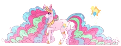 Size: 1670x634 | Tagged: safe, artist:lunawolf28, derpibooru import, pinkie pie, princess celestia, oc, oc:pink celeste, pony, unicorn, crown, cutie mark, cutie mark fusion, ethereal mane, female, fusion, impossibly large hair, jewelry, long mane, mare, necklace, regalia, simple background, solo, transparent background