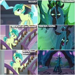 Size: 1000x1000 | Tagged: safe, derpibooru import, edit, edited screencap, screencap, queen chrysalis, sandbar, changeling, changeling queen, pony, the mean 6, to where and back again, what lies beneath, boyfriend, cave, comic, dirty dancing, female, girlfriend, love, love is strange, loverboy, male, man, school, schoolboy, screencap comic, stairs, woman