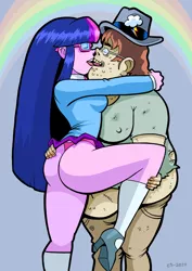 Size: 636x900 | Tagged: suggestive, artist:curtsibling, derpibooru import, twilight sparkle, twilight sparkle (alicorn), alicorn, human, equestria girls, acne, ass, bhm, breasts, brony, brony stereotype, butt, clothes, fat, fedora, female, french kiss, hat, high heels, i can't believe it's not sci-twi, kissing, legs, male, miniskirt, no just no, open mouth, panties, pants, shirt, shoes, skirt, skirt lift, socks, thighs, thong, twibutt, twilight's professional glasses, underwear