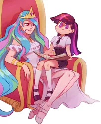 Size: 1407x1728 | Tagged: artist:bordogushter, book, chair, clothes, cute, cutelestia, derpibooru import, ear piercing, earring, female, high heels, human, humanized, jewelry, mary janes, momlestia, piercing, pleated skirt, princess celestia, regalia, safe, shoes, simple background, sitting, sitting on lap, skirt, smiling, socks, sweat, twiabetes, twilight sparkle, white background