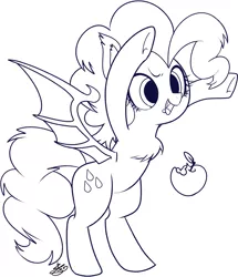 Size: 991x1150 | Tagged: safe, artist:sibashen, derpibooru import, pinkie pie, bat pony, pony, apple, bat ponified, black and white, fangs, female, food, grayscale, mare, monochrome, pinkiebat, race swap, rearing, sketch, solo, traditional art, underhoof